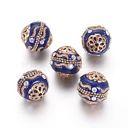 Handmade Indonesia Beads, with Rhinestone, Polymer Clay and Alloy Findings and Brass Chains, Round, Light Gold, Dark Blue, 18~19mm, Hole: 2mm(IPDL-L004-M01-KCG)