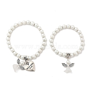 Lovely Wedding Dress Angel Jewelry Sets for Mother and Daughter, Stretch Bracelets, with Glass Pearl Beads and Tibetan Style Beads, White, 45mm and 55mm inner diameter(BJEW-JB00728-19)