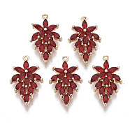 Glass Pendants, with Brass Findings, Faceted, Leaf, Light Gold, FireBrick, 24.5x15x4mm, Hole: 1mm(GLAA-T021-23B)
