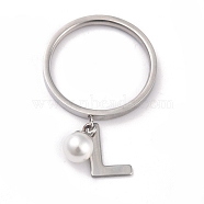 Dual-use Items, 304 Stainless Steel Finger Rings or Pendants, with Plastic Round Beads, Stainless Steel Color, White, Letter.L, US Size 5~9(15.7~18.9mm)(RJEW-O045-21-PL)