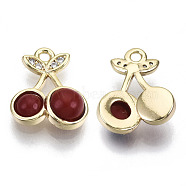 Brass Micro Pave Cubic Clear Zirconia Charms, with Acrylic, Nickel Free, Cherry, Real 18K Gold Plated, Dark Red, 12.5x11x4mm, Hole: 1.4mm(KK-N232-92-NF)