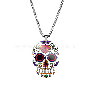 Stainless Steel Skull with Flower Pendant Necklaces, Halloween Jewelry for Women, Dark Red, 23.62 inch(60cm)(SKUL-PW0001-138F)