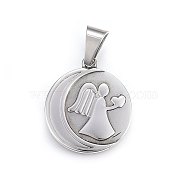 Non-Tarnish 304 Stainless Steel Pendants, Flat Round with Moon and Angel, Stainless Steel Color, 28.5x25x3.5mm, Hole: 10x6mm(STAS-P211-25P)