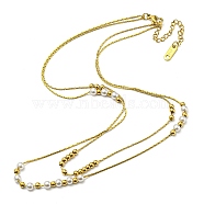 304 Stainless Steel Coreana Chains Double Layer Necklaces, with Plastic Imitation Pearl Beaded, Golden, 14.92 inch(37.9cm)(BJEW-K257-04G)