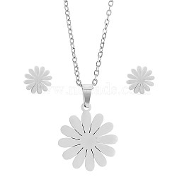 316 Surgical Stainless Steel Daisy Stud Earrings and Pendant Necklace, Jewelry Set for Women, Stainless Steel Color, 17.32 inch(440mm), 9.5mm, Pin: 0.8mm(JX376A)