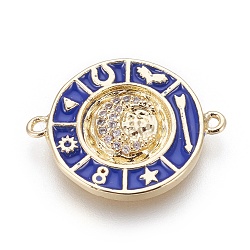 Brass Enamel Links connectors, with Micro Pave Cubic Zirconia, Flat Round with Moon, Blue, Golden, 18x23x2.5mm, Hole: 1.5mm(KK-o113-11A-G)