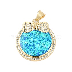 Brass Micro Pave Cubic Zirconia Pendants, Flat Round with Bowknot Charms, with Synthetic Opal, Long-Lasting Plated, Rack Plating, Lead Free & Cadmium Free, Real 18K Gold Plated, 24.5x22x3mm, Hole: 5x3mm(KK-I723-37G)