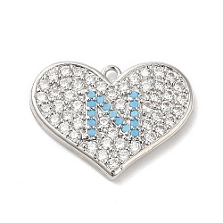 Brass Micro Pave Cubic Zirconia Pendants, Lead Free & Cadmium Free, Long-Lasting Plated, Heart with Letter N, Platinum, 15x20x2.5mm, Hole: 1.2mm(KK-Q772-10P)