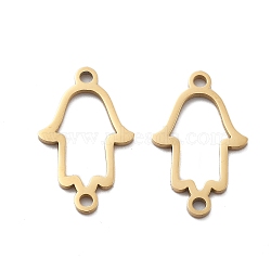 304 Stainless Steel Hollow Hamsa Hand Connector Charms, Ion Plating(IP), Real 14K Gold Plated, 19x11.5x1mm, Hole: 1.5mm(STAS-M111-35G)