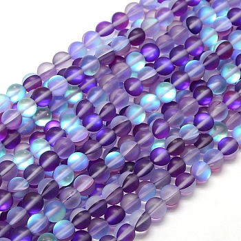 Synthetic Moonstone Beads Strands, Holographic Beads, Half AB Color Plated, Frosted, Round, Blue Violet, 8mm, Hole: 1mm, about 46pcs/strand, 15 inch