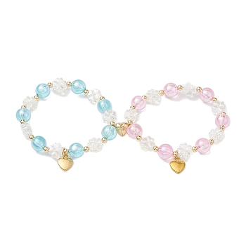 2Pcs 2 Colors Flower & Round Acrylic Beaded Couple Stretch Bracelet Sets, Heart Charm Bracelets with Brass Magnetic Clasps for Women Men, Mixed Color, Inner Diameter: 1-7/8 inch(4.85cm), 1pc/color