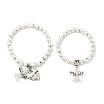 Lovely Wedding Dress Angel Jewelry Sets for Mother and Daughter, Stretch Bracelets, with Glass Pearl Beads and Tibetan Style Beads, White, 45mm and 55mm inner diameter