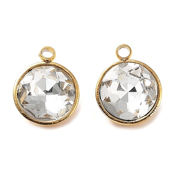 Golden 304 Stainless Steel Charms, with Glass Findings, Faceted Flat Round, Clear, 11.5x9.5x5mm, Hole: 1.4mm