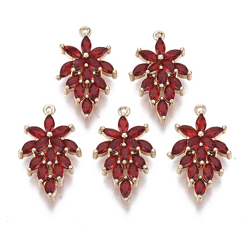 Glass Pendants, with Brass Findings, Faceted, Leaf, Light Gold, FireBrick, 24.5x15x4mm, Hole: 1mm