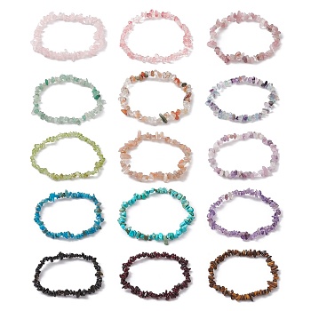 Natural & Synthetic Mixed Gemstone Chips Beaded Stretch Bracelets for Women, Inner Diameter: 2-1/4~2-1/2 inch(50~52mm)