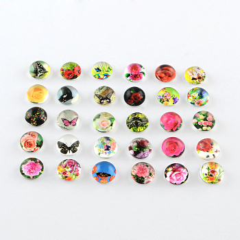 Half Round/Dome Flower Pattern Glass Flatback Cabochons for DIY Projects, Mixed Color, 8x3mm