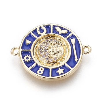 Brass Enamel Links connectors, with Micro Pave Cubic Zirconia, Flat Round with Moon, Blue, Golden, 18x23x2.5mm, Hole: 1.5mm