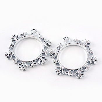 Rack Plating Alloy Snowflake Open Back Bezel Pendants, For DIY UV Resin, Epoxy Resin, Pressed Flower Jewelry, Hollow, Cadmium Free & Nickel Free & Lead Free, Silver, 38x34x3.5mm, Hole: 3mm
