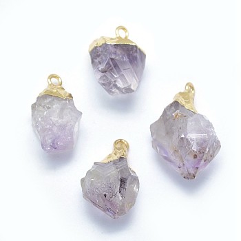 Natural Amethyst Pendants, with Brass Findings, Nuggets, Golden, 17~25x10~15mm, Hole: 2mm