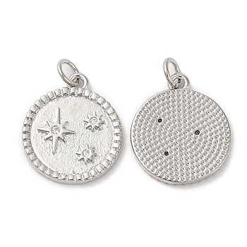 Eco-Friendly Brass Micro Pave Clear Cubic Zirconia Pendants, with Jump Ring, Lead Free & Cadmium Free, Flat Round with Star, Platinum, 19x16x2mm, Hole: 3mm