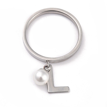 Dual-use Items, 304 Stainless Steel Finger Rings or Pendants, with Plastic Round Beads, Stainless Steel Color, White, Letter.L, US Size 5~9(15.7~18.9mm)