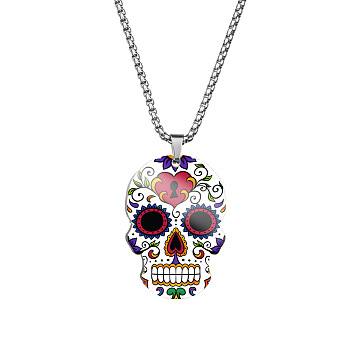 Stainless Steel Skull with Flower Pendant Necklaces, Halloween Jewelry for Women, Dark Red, 23.62 inch(60cm)