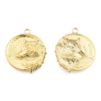 Ion Plating(IP) 201 Stainless Steel Pendants, Flat Round with Wolf, Real 18K Gold Plated, 30x25.5x3mm, Hole: 2.5mm