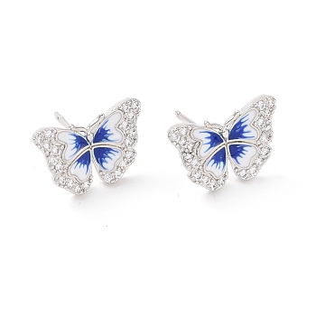 Clear Cubic Zirconia Butterfly Stud Earrings with Enamel, Rack Plating Brass Jewelry for Women, Cadmium Free & Lead Free, Platinum, 11x15.5mm, Pin: 0.7mm