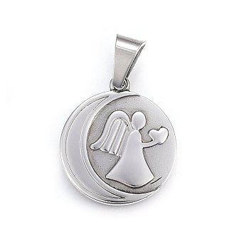 304 Stainless Steel Pendants, Flat Round with Moon and Angel, Stainless Steel Color, 28.5x25x3.5mm, Hole: 10x6mm