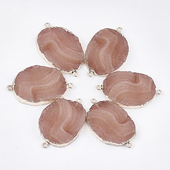 Electroplate Druzy Resin Links connectors, with Iron Findings, Oval, Light Gold, Dark Salmon, 45.5x28~28.5x7mm, Hole: 1.8mm