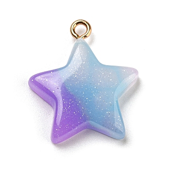 Gradient Color Resin Pendants, with Glitter Powder and Golden Tone Iron Loop, Star, 23x20x4.5mm, Hole: 1.7mm