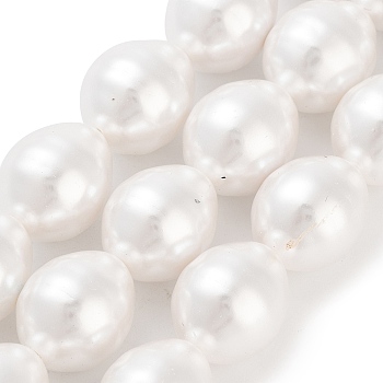 Electroplated Shell Pearl Beads Strands, Grooved Oval Beads, White, 17x13mm, Hole: 0.8mm, about 24pcs/strand, 15.94''(40.5cm)