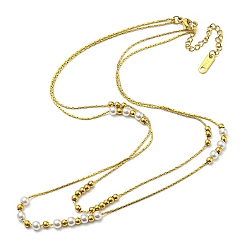 304 Stainless Steel Coreana Chains Double Layer Necklaces, with Plastic Imitation Pearl Beaded, Golden, 14.92 inch(37.9cm)