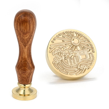Brass Retro Wax Sealing Stamp, with Wooden Handle for Post Decoration DIY Card Making, Sun Pattern, 90x25.5mm