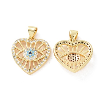 Brass Micro Pave Cubic Zirconia Pendants, Heart with Evil Eye Charm, Golden, 23x18x4.5mm, Hole: 5x3mm