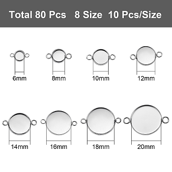 80 Pcs 8 Styles 304 Stainless Steel Cabochon Connector Settings, Plain Edge Bezel Cups, Flat Round, Stainless Steel Color, Tray: 6~30mm, 13.5~42x8~32x1.5~2mm, Hole: 1.5~3mm, 10pcs/style