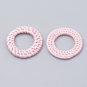 Handmade Spray Painted Reed Cane/Rattan Woven Linking Rings, For Making Straw Earrings and Necklaces,  Dyed, Pearlized Effect, Pink, 43~47x4~6mm, inner diameter: 22~28mm