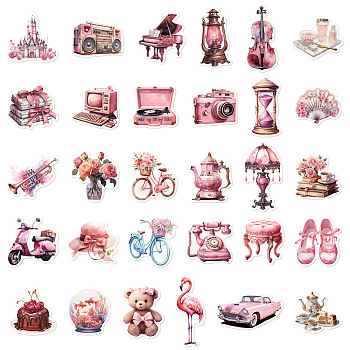 60Pcs Retro Pink PVC Waterproof Stickers Set, Adhesive Label Stickers, for Water Bottles, Laptop, Luggage, Cup, Computer, Mobile Phone, Skateboard, Guitar Stickers, Mixed Shapes, 45.4x45.3mm