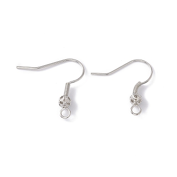 Brass Round Beaded Earring Hooks, with Horizontal Loop, Real Platinum Plated, 21x21x4mm, Hole: 2mm, 20 Gauge, Pin: 0.8mm