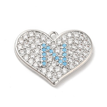 Brass Micro Pave Cubic Zirconia Pendants, Lead Free & Cadmium Free, Long-Lasting Plated, Heart with Letter N, Platinum, 15x20x2.5mm, Hole: 1.2mm