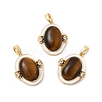 Natural Tiger Eye Pendants, Oval Charms with Brass Pave Clear Cubic Zirconia Settings, Real 18K Gold Plated, 20.5x17x7.5mm, Hole: 5x2.5mm(KK-G553-15G)