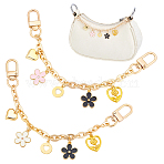 2Pcs 2 Colors Acrylic Heart & Alloy Enamel Pink and White Flower Pendant Alloy Cable Chain Bag Decorative Chains, with Swivel Clasps, Golden, 205mm, 1pc/color(HJEW-BBC0001-35)