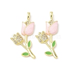 Brass Micro Pave Cubic Zirconia with Enamel Pendants, Flower, Real 18K Gold Plated, Pink, 28x15x2.5mm, Hole: 2x3.5mm(KK-Z134-05G-02)