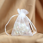 Organza Gift Drawstring Bags, Jewelry Pouches, Wedding Party Christmas Favor Gift Bags, Rectangle, White, 9x7cm(PW-WG552B7-04)