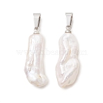 Natural Baroque Keshi Pearl Pendants, Stick Charms with 201 Stainless Steel Snap on Bails, White, Stainless Steel Color, 26~27x10x5~6.5mm, Hole: 5x3.5mm(PALLOY-JF05417)