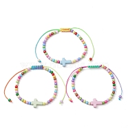 Cross & Round Acrylic Braided Bead Bracelets, Adjustable Nylon Cord Bracelets for Women, Colorful, Inner Diameter: 2~3-1/2 inch(5~9cm)(BJEW-JB10239-02)