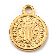 304 Stainless Steel Charms, Flat Round with God & Holy Writ Charms, Golden, 13x10x1.5mm, Hole: 1.6mm(STAS-L270-07G)