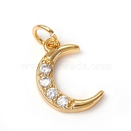 Brass Micro Pave Clear Cubic Zirconia Charms, with Jump Rings, Long-Lasting Plated, Moon, Golden, 14x10x2mm, Jump Ring: 5x0.7mm, Inner Diameter: 3.6mm(KK-I668-35G)