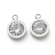 304 Stainless Steel Rhinestone Charms, Flat Round, Crystal, Stainless Steel Color, 12x9x4mm, Hole: 1.8mm(STAS-Z009-16P)