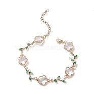 Glass Flower of Life Link Chain Bracelet with Cubic Zirconia, Brass Jewelry for Women, Golden, 7-1/8 inch(18cm)(BJEW-TA00221)